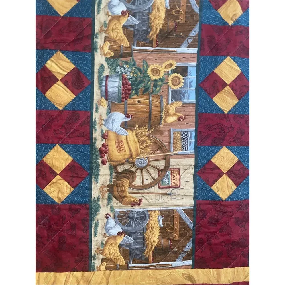 Handmade Chicken Farm Quilt Red Gold Teal Country Blanket Throw 60”x 58”